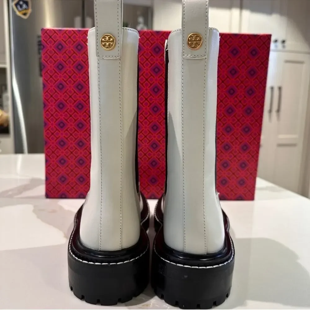 Tory Burch Benton Chelsea Boot Size 8 White Leather Black Lug Platform Sole New